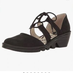 Fly London Poma Black Leather Wedge Closed Toe Strappy Shoes